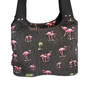 Donna Sharp Quilted Handbag Black Pink Flamingo All Over Print Tote Shoulder Bag
